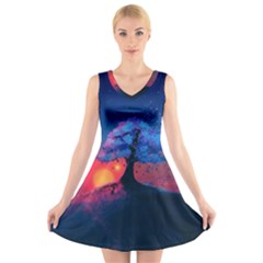 Dark Tree Sunset Landscape Art V-neck Sleeveless Dress by Ravend