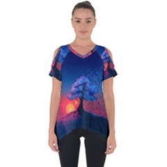 Dark Tree Sunset Landscape Art Cut Out Side Drop Tee by Ravend