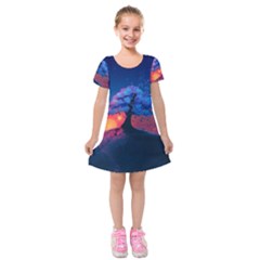 Dark Tree Sunset Landscape Art Kids  Short Sleeve Velvet Dress by Ravend