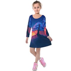 Dark Tree Sunset Landscape Art Kids  Long Sleeve Velvet Dress by Ravend