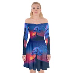 Dark Tree Sunset Landscape Art Off Shoulder Skater Dress by Ravend