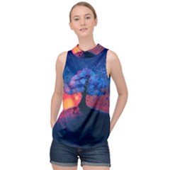 Dark Tree Sunset Landscape Art High Neck Satin Top by Ravend