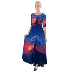 Dark Tree Sunset Landscape Art Half Sleeves Maxi Dress by Ravend