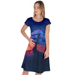 Dark Tree Sunset Landscape Art Classic Short Sleeve Dress by Ravend