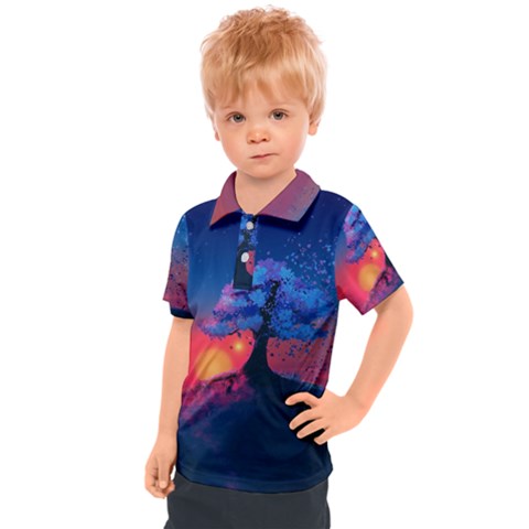 Dark Tree Sunset Landscape Art Kids  Polo Tee by Ravend