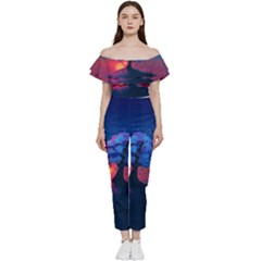 Dark Tree Sunset Landscape Art Off Shoulder Ruffle Top Jumpsuit by Ravend