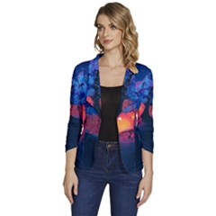 Dark Tree Sunset Landscape Art Women s One-button 3/4 Sleeve Short Jacket