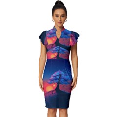 Dark Tree Sunset Landscape Art Vintage Frill Sleeve V-neck Bodycon Dress by Ravend