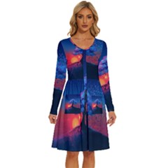 Dark Tree Sunset Landscape Art Long Sleeve Dress With Pocket by Ravend