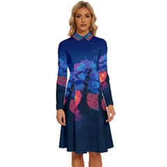 Dark Tree Sunset Landscape Art Long Sleeve Shirt Collar A-line Dress by Ravend