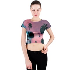 Nature Sunset Sky Clouds Palms Tropics Porous Crew Neck Crop Top by Ravend