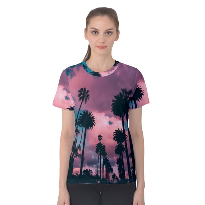 Nature Sunset Sky Clouds Palms Tropics Porous Women s Cotton Tee