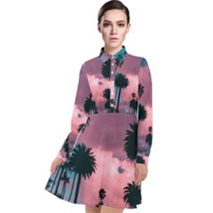 Nature Sunset Sky Clouds Palms Tropics Porous Long Sleeve Chiffon Shirt Dress by Ravend