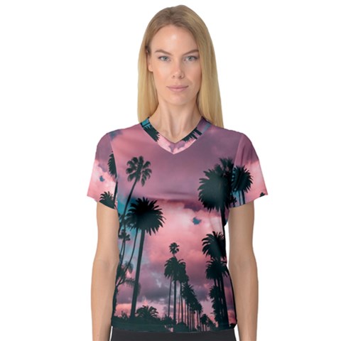 Nature Sunset Sky Clouds Palms Tropics Porous V-neck Sport Mesh Tee by Ravend