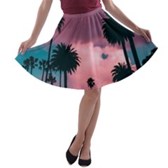 Nature Sunset Sky Clouds Palms Tropics Porous A-line Skater Skirt by Ravend