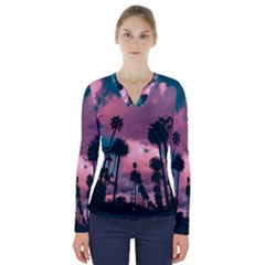 Nature Sunset Sky Clouds Palms Tropics Porous V-neck Long Sleeve Top by Ravend