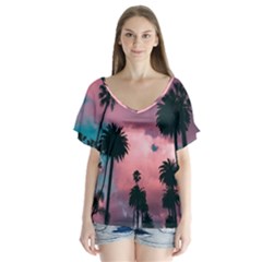 Nature Sunset Sky Clouds Palms Tropics Porous V-neck Flutter Sleeve Top by Ravend