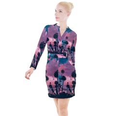 Nature Sunset Sky Clouds Palms Tropics Porous Button Long Sleeve Dress by Ravend