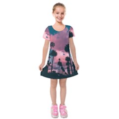 Nature Sunset Sky Clouds Palms Tropics Porous Kids  Short Sleeve Velvet Dress by Ravend