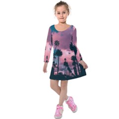 Nature Sunset Sky Clouds Palms Tropics Porous Kids  Long Sleeve Velvet Dress by Ravend