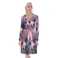 Nature Sunset Sky Clouds Palms Tropics Porous Long Sleeve Velvet Front Wrap Dress by Ravend