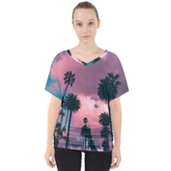 Nature Sunset Sky Clouds Palms Tropics Porous V-neck Dolman Drape Top by Ravend