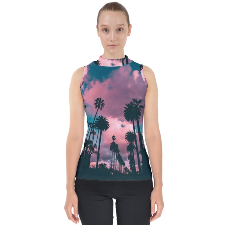 Nature Sunset Sky Clouds Palms Tropics Porous Mock Neck Shell Top