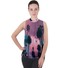 Nature Sunset Sky Clouds Palms Tropics Porous Mock Neck Chiffon Sleeveless Top by Ravend