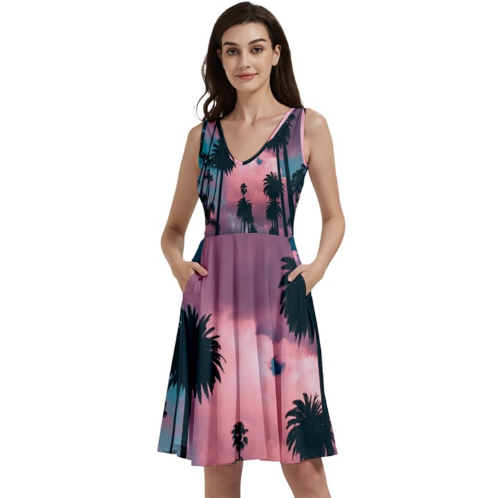 Nature Sunset Sky Clouds Palms Tropics Porous Sleeveless V-neck skater dress