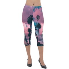 Nature Sunset Sky Clouds Palms Tropics Porous Lightweight Velour Capri Leggings  by Ravend