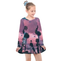 Nature Sunset Sky Clouds Palms Tropics Porous Kids  Long Sleeve Dress by Ravend