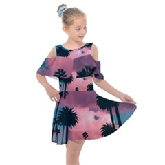 Nature Sunset Sky Clouds Palms Tropics Porous Kids  Shoulder Cutout Chiffon Dress by Ravend