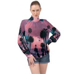 Nature Sunset Sky Clouds Palms Tropics Porous High Neck Long Sleeve Chiffon Top by Ravend