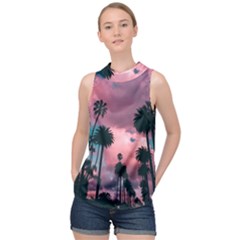 Nature Sunset Sky Clouds Palms Tropics Porous High Neck Satin Top by Ravend