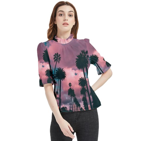 Nature Sunset Sky Clouds Palms Tropics Porous Frill Neck Blouse by Ravend