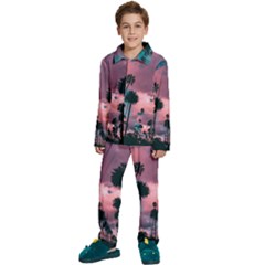 Nature Sunset Sky Clouds Palms Tropics Porous Kids  Long Sleeve Velvet Pajamas Set