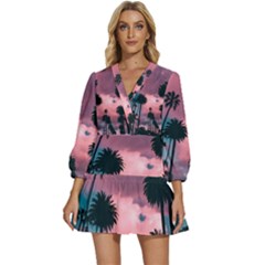 Nature Sunset Sky Clouds Palms Tropics Porous V-neck Placket Mini Dress by Ravend