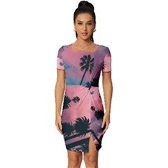 Nature Sunset Sky Clouds Palms Tropics Porous Fitted Knot Split End Bodycon Dress by Ravend