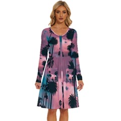 Nature Sunset Sky Clouds Palms Tropics Porous Long Sleeve Dress With Pocket by Ravend