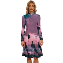 Nature Sunset Sky Clouds Palms Tropics Porous Long Sleeve Shirt Collar A-line Dress by Ravend