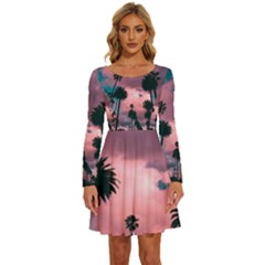 Nature Sunset Sky Clouds Palms Tropics Porous Long Sleeve Wide Neck Velvet Dress by Ravend