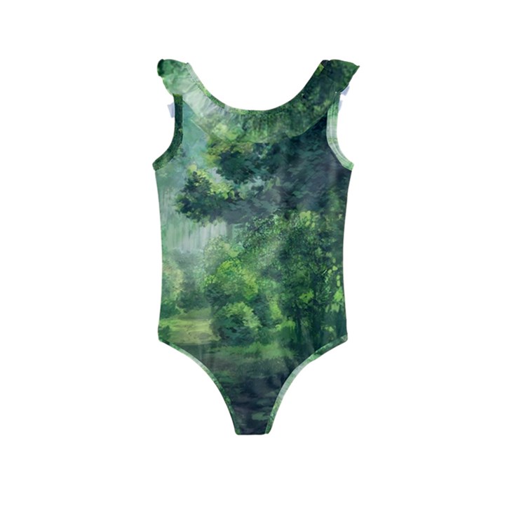 Anime Green Forest Jungle Nature Landscape Kids  Frill Swimsuit