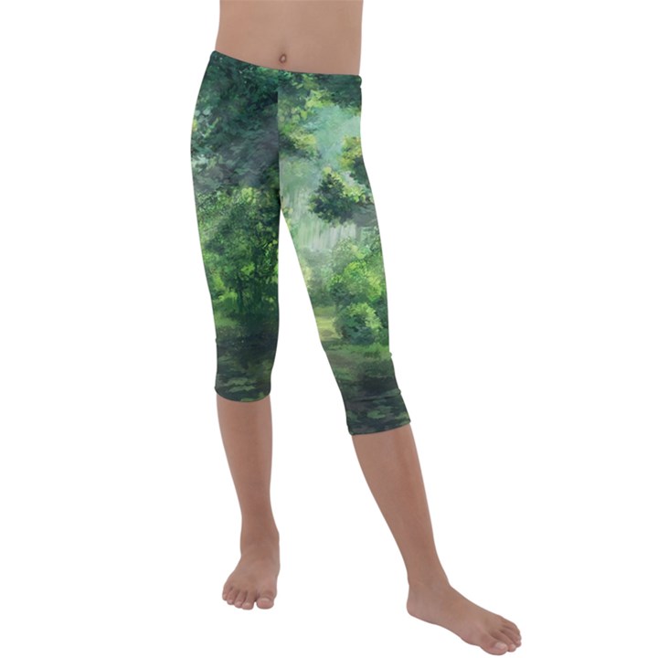 Anime Green Forest Jungle Nature Landscape Kids  Lightweight Velour Capri Leggings 