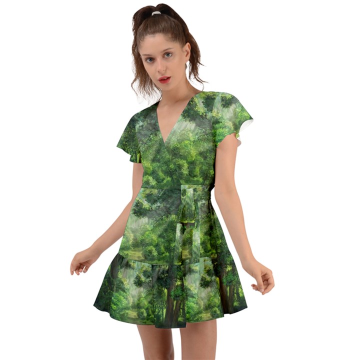 Anime Green Forest Jungle Nature Landscape Flutter Sleeve Wrap Dress