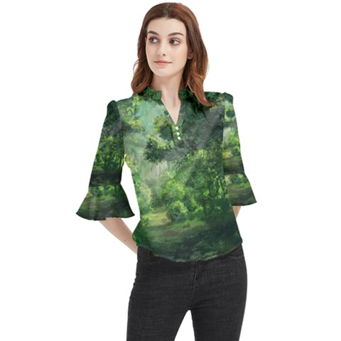 Anime Green Forest Jungle Nature Landscape Loose Horn Sleeve Chiffon Blouse by Ravend