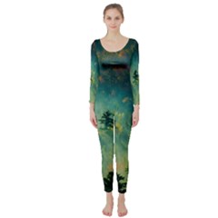 Green Tree Forest Jungle Nature Landscape Long Sleeve Catsuit by Ravend