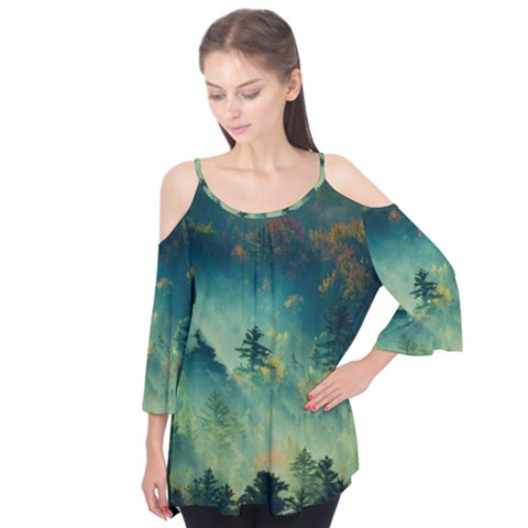 Green Tree Forest Jungle Nature Landscape Flutter Sleeve Tee  by Ravend