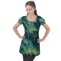 Green Tree Forest Jungle Nature Landscape Puff Sleeve Tunic Top by Ravend