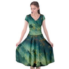 Green Tree Forest Jungle Nature Landscape Cap Sleeve Wrap Front Dress by Ravend