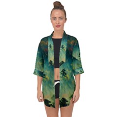 Green Tree Forest Jungle Nature Landscape Open Front Chiffon Kimono by Ravend